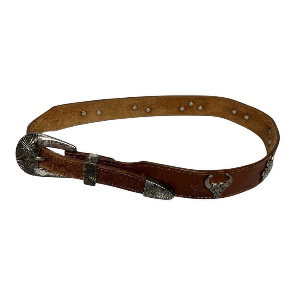 Vtg Silver Creek Collection Distressed Brown Leather Belt Concho Animals Size 26